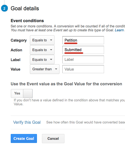 Event category is "Petition' and event Action is "Submitted'.