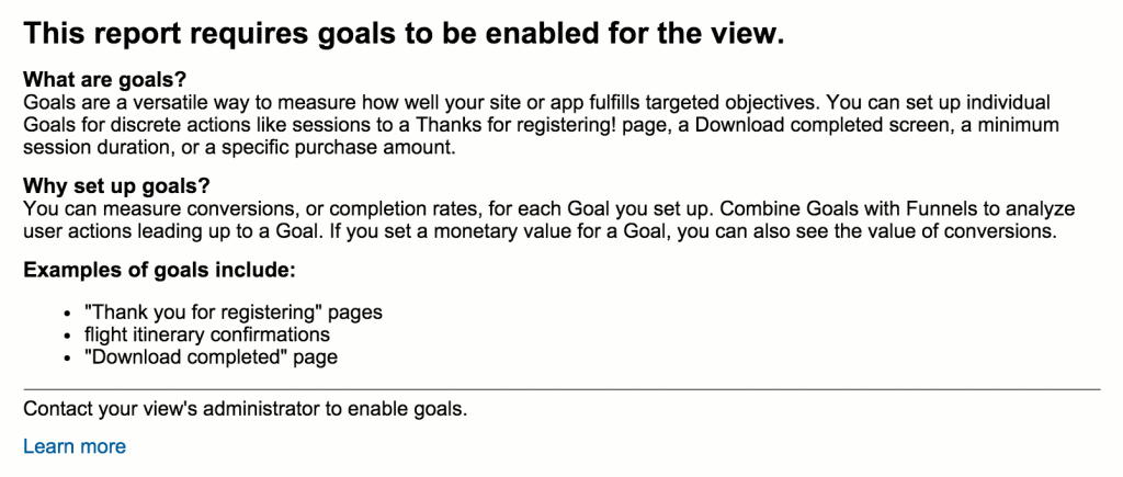 What to do when you see "This report requires goals to be enabled for this view"