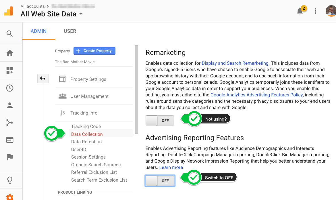 How to switch off Advertising Features in Google Analytics if you're not using them.