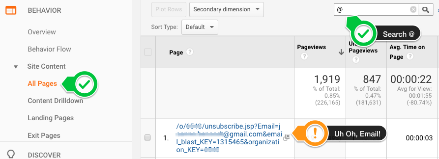 Screenshot of Google Analytics Behavior > Site Content > search for @ symbol and resulting email addresses that shouldn't be in GA