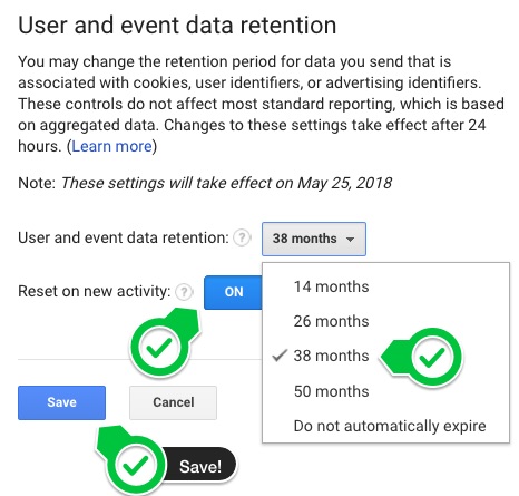 View of admin setting in Google Analytics User and Event Data Retention 